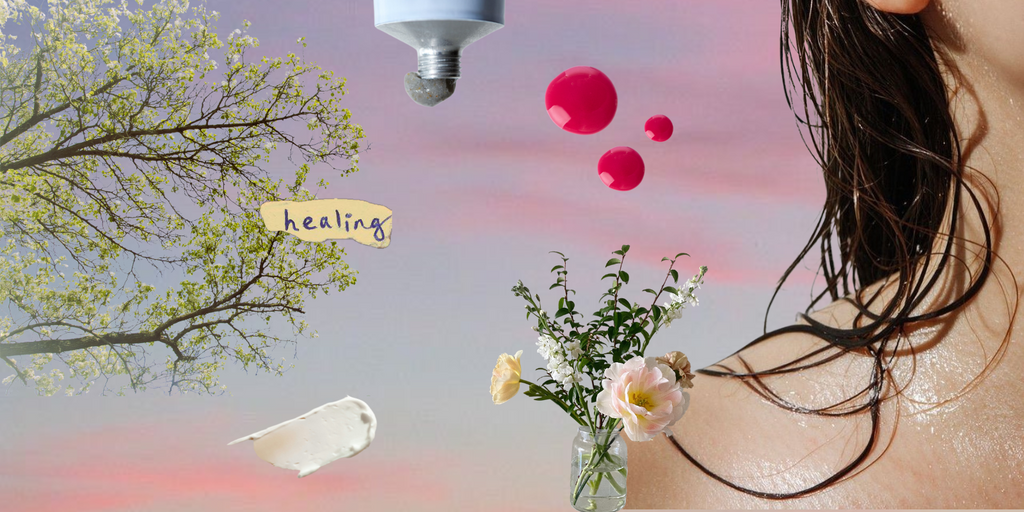 a collage with flowers and beauty products